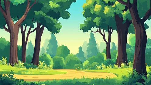 Forest clearing with mature trees and varied understory vegetation.