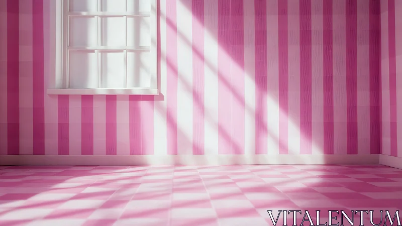 Pink striped interior with geometric sunlight shadows.