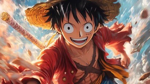 Straw hat pirate character runs forward with dynamic motion