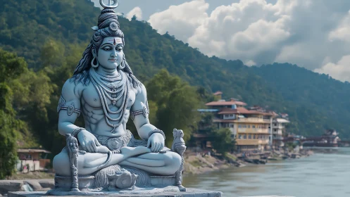 Riverbank Shiva statue listens quietly to the mountain wind