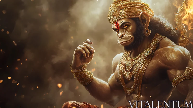 Hanuman-inspired warrior in ornate golden armor artwork.