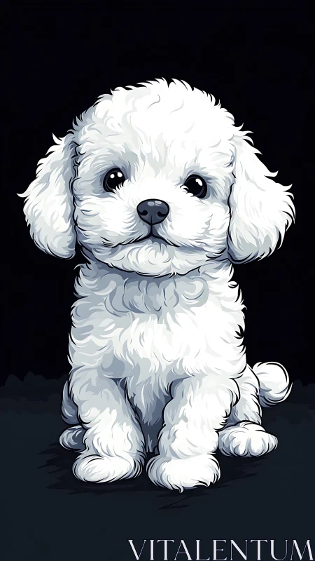 White fluffy puppy illustration on plain dark background.