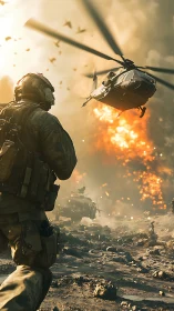 Combat soldier under helicopter firestorm, blazing horizon.