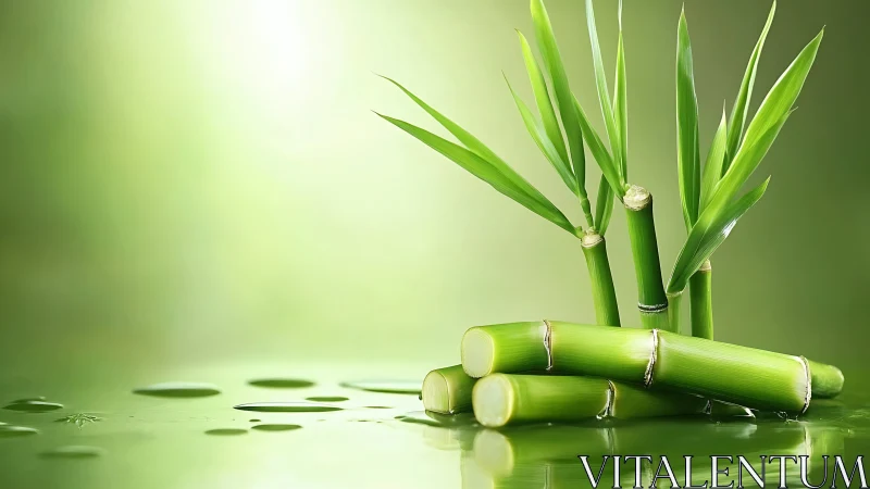 Fresh bamboo stalks and leaves on reflective surface, serene green style.