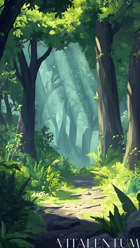 Enchanted Forest Path Through Misty Woodland.