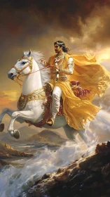 Regal warrior in gold robes riding white horse through waves.