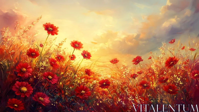 Red gerberas bloom in golden sunlit field at sunset.