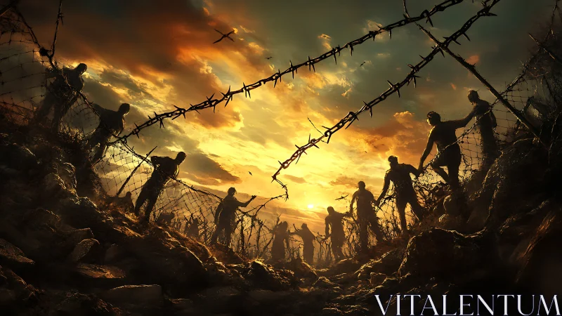 Silhouetted survivors struggle against barbed war fences.