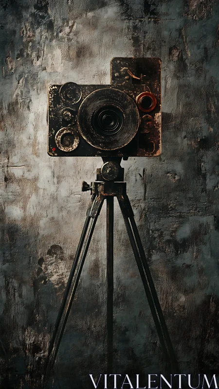 Vintage tripod camera stands quietly against textured wall