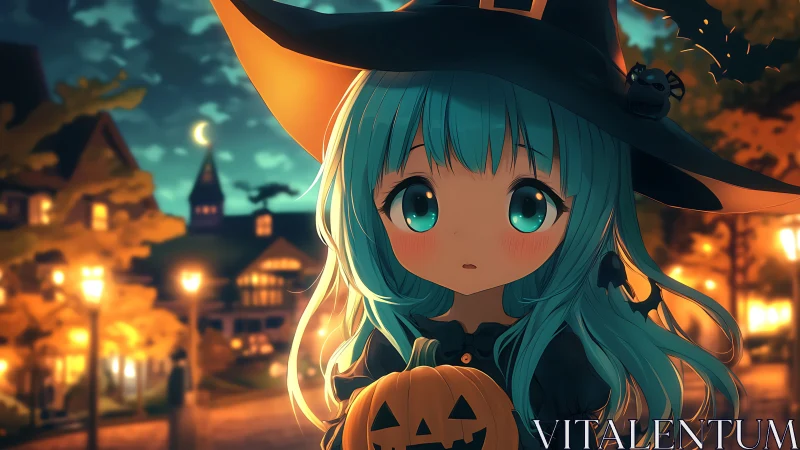 Moonlit pumpkin witchlet wanders softly through autumn glow.