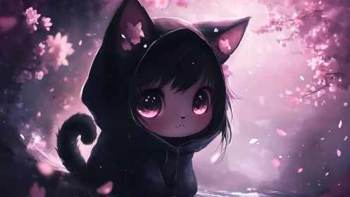 Soft-eyed neko child rests beneath drifting cherry petals