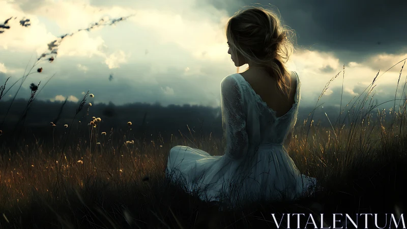 Woman in white dress seated in field under cloudy sky.