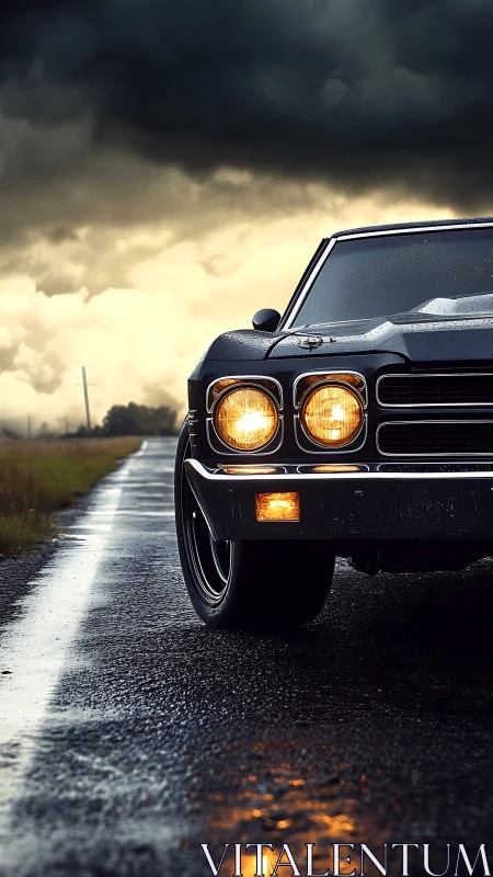 Photorealistic muscle car portrait on storm-wet rural roadway.