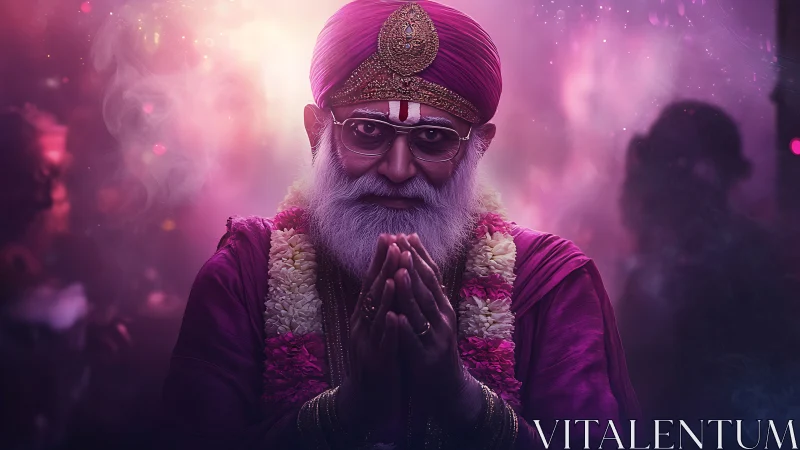 Elderly guru in magenta robes under cinematic neon haze.