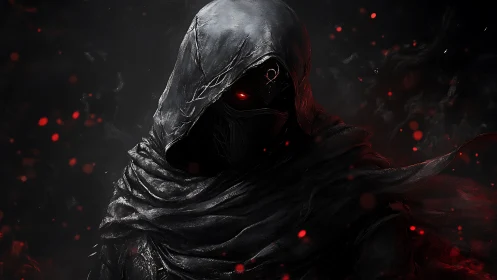Hooded figure in dark cloak with red glowing eyes in smoke.