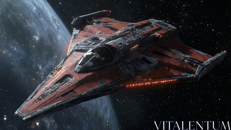 Red triangular starship cruising past blue planet in space.