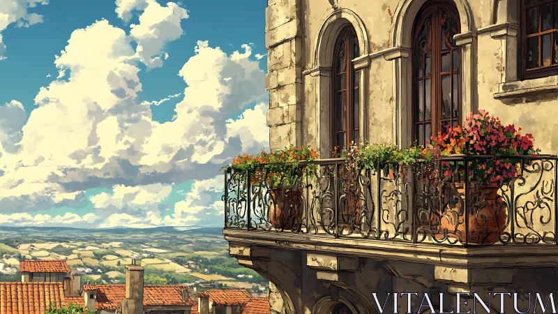 Sunlit Mediterranean balcony over tiled village rooftops.