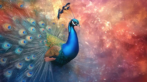 Radiant peacock spreads cosmic feathers in glowing nebula sky