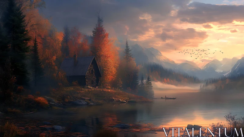 Autumn cabin beside misty lake under glowing mountain sunrise.