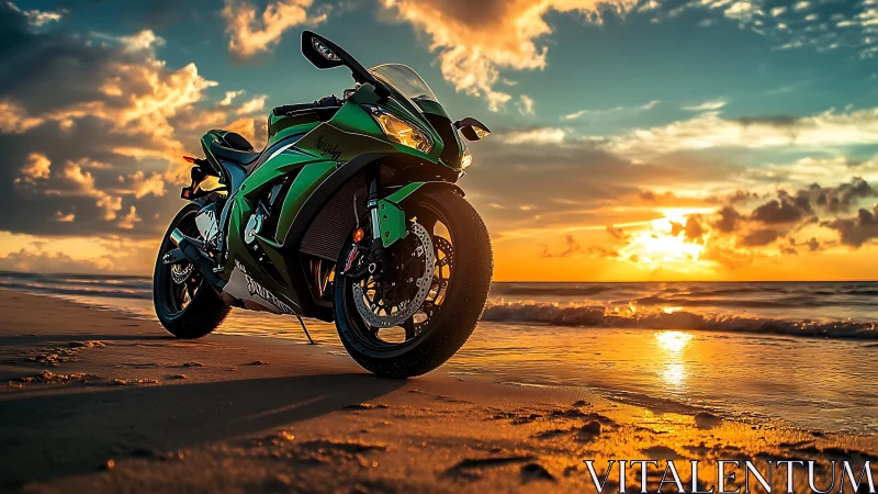 Sunset-lit superbike waits like a poised sea-green thunderbolt