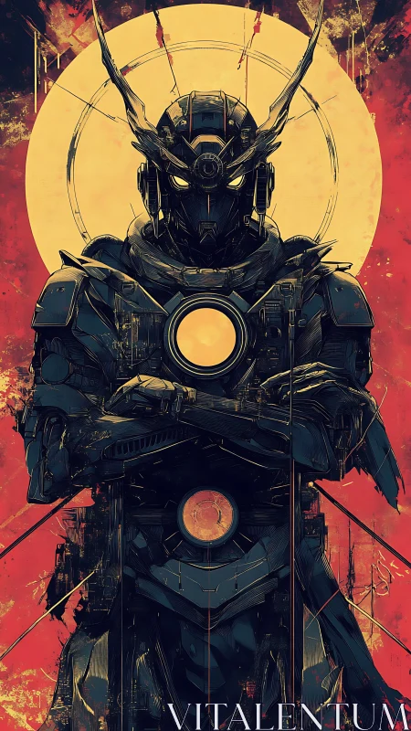 Cyberpunk mech samurai portrait with solar halo symmetry.