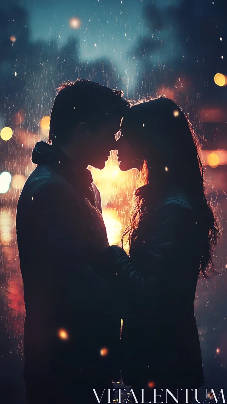 Silhouetted Couple in Rain: Cinematic Backlit Portraiture with Bokeh.