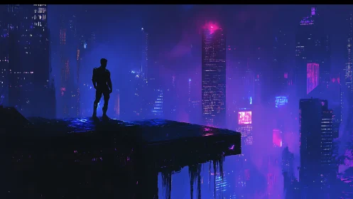 Cyberpunk rooftop silhouette over neon megacity skyline.