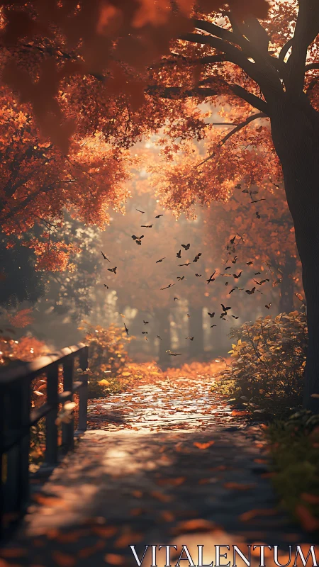 Tree-lined pathway with autumn foliage and distant birds.