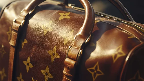 Luxury leather travel bag with golden monogram detail.