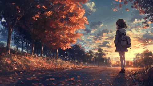 Backlit schoolgirl in autumn avenue with volumetric sunset sky