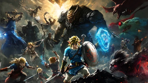 Dynamic fantasy battle tableau with heroic melee convergence.