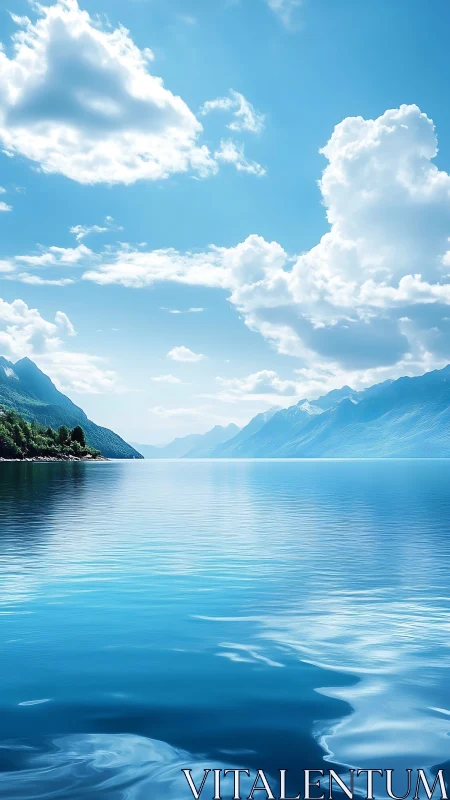 Calm mountain lake rests under wide blue skies and clouds