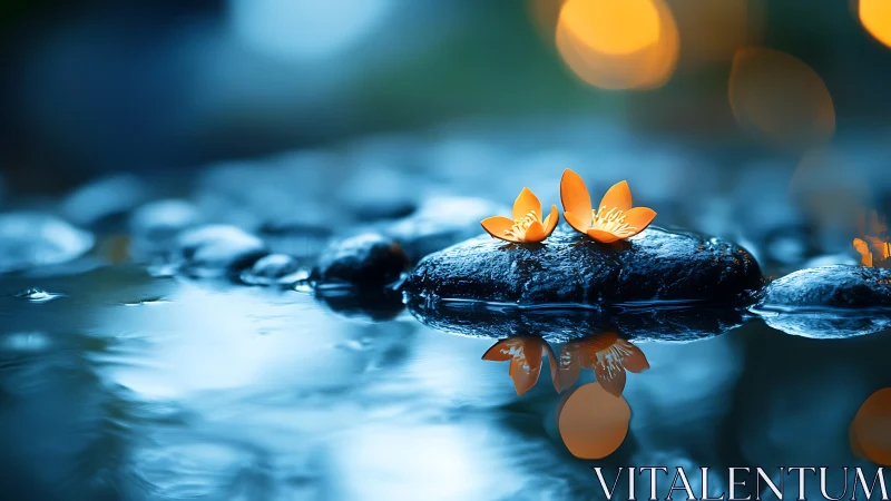 Photorealistic macro of orange blossoms on wet river stones.