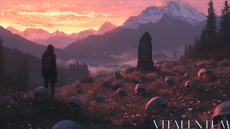 Lone wanderer crossing a silent skull field at sunset.