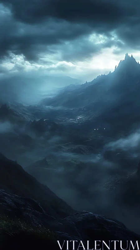 Misty moonlit valley leading toward distant spire peaks.