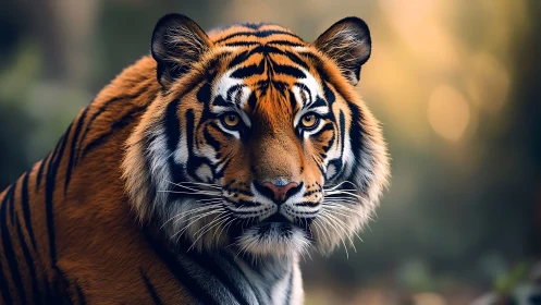 High-resolution frontal portrait of a Bengal tiger in bokeh forest.