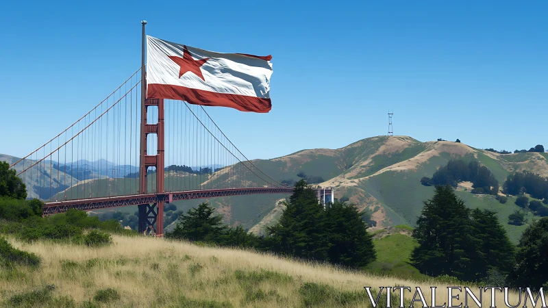 Large red-star flag dominates suspension bridge landscape scene