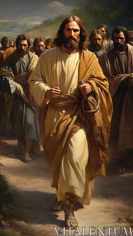 Messianic figure leading followers on sunlit rural path.