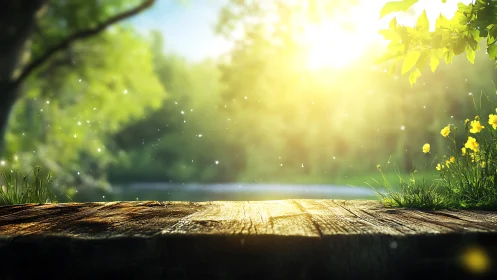 Sunlit wooden stage welcomes a sparkling summer morning hush