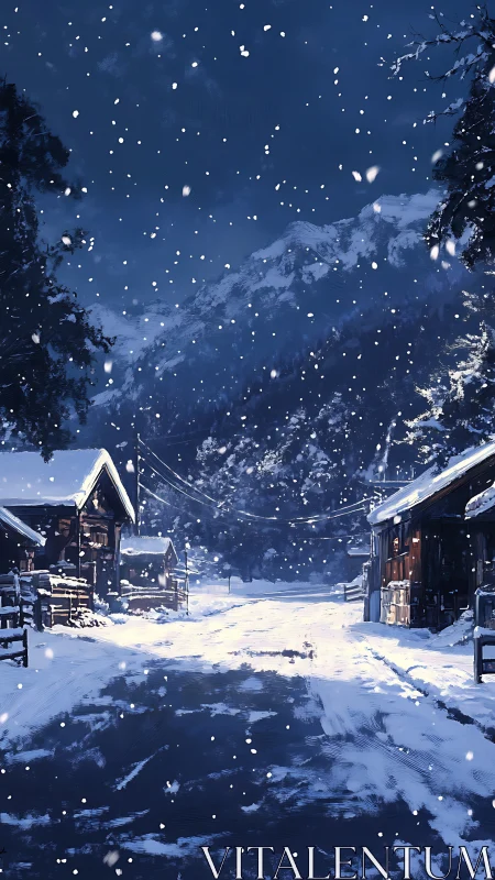 Snowfall over alpine village street under moonlit ridges.