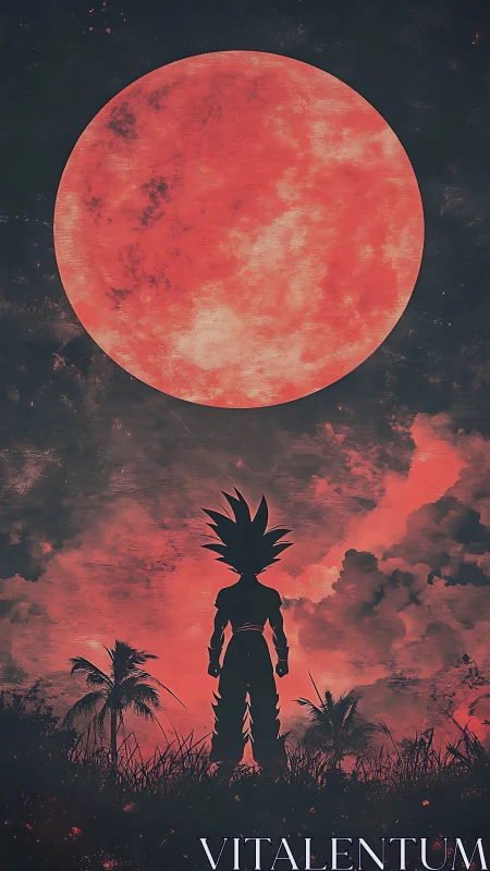 Silhouetted warrior under colossal crimson moonscape.