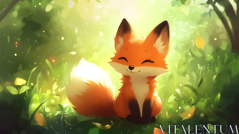 Smiling stylized fox in sunlit forest clearing scene.
