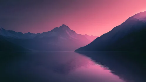 Iridescent alpine peaks mirrored in magenta twilight lake.
