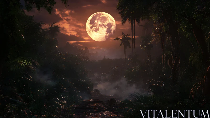 Moonlit jungle path wrapped in misty midnight calm.