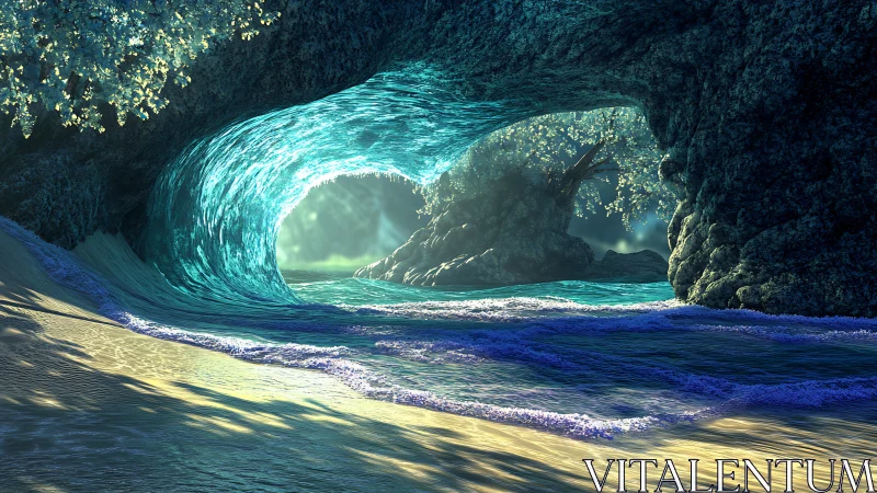 Emerald Wave Tunnel Through Coastal Cave Formation.