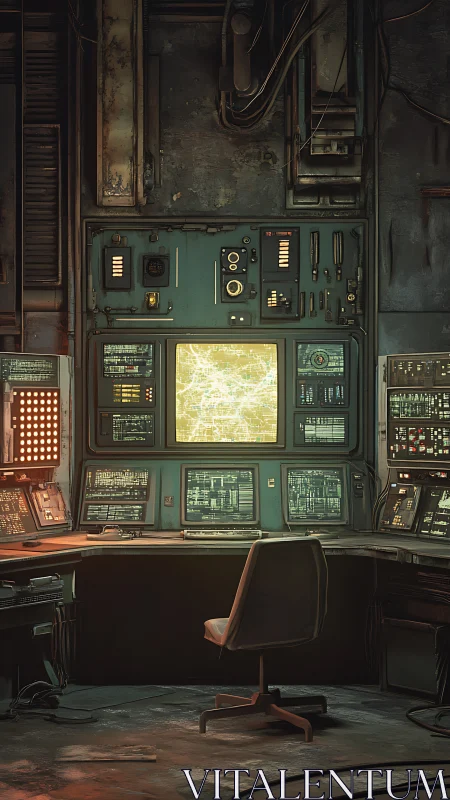 Retro control room with glowing central radar screen.