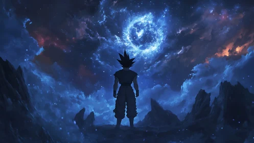 Lone anime warrior under swirling cosmic night sky.