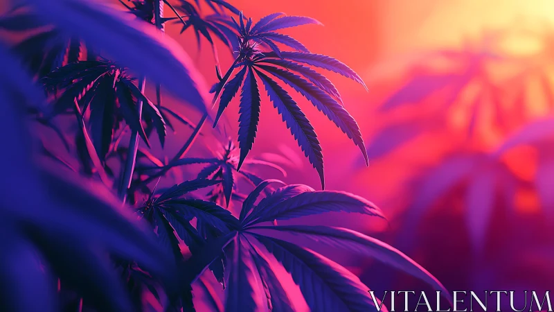 Neon cannabis leaves glow against a hazy magenta sunset light