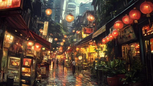 Lantern lit alleyway in dense urban commercial district.