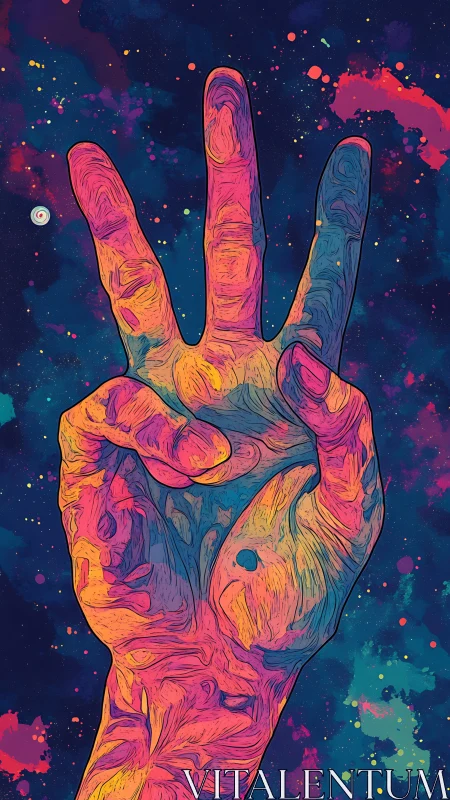 Chromatic three-finger hand gesture in nebula starfield space